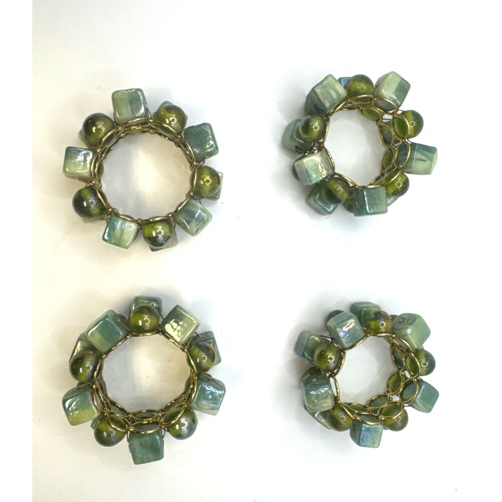 Pier 1 Imports jade Glass Bead Napkin Rings Set of 4 Green gold accents Boho